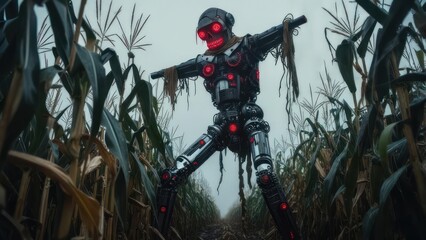 Fototapeta premium Sinister Cybernetic Scarecrow with Glowing Red Eyes Haunting a Foggy Cornfield