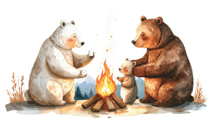 Charming watercolor illustration of a bear family a polar bear and a brown bear with their cub roasting marshmallows by a campfire.