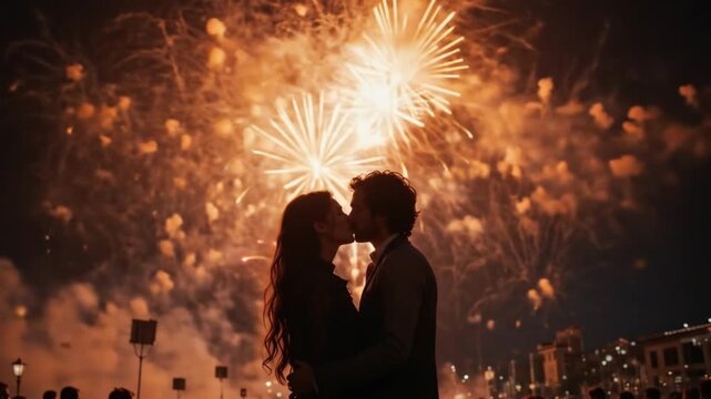 Romantic couple celebrates with dazzling fireworks display in a beautiful city setting at night