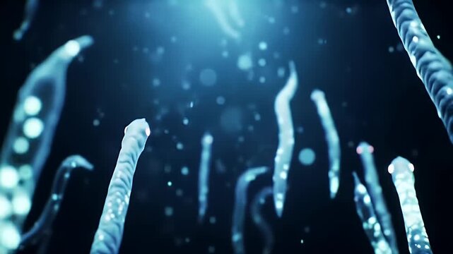 Ethereal Dance Swarm of Bioluminescent Tadpoles Swimming in Dark Ocean Depths A Mesmerizing 3D Animation of Aquatic Larvae Illuminating the Water with Their Glow Bioluminescent tad