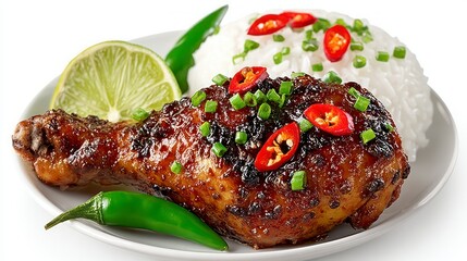 Glazed chicken drumstick with rice chili slices lime wedge and green chili peppers