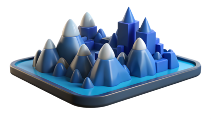 Abstract isometric landscape of blue mountains and sharp peaks on a black background graphic design