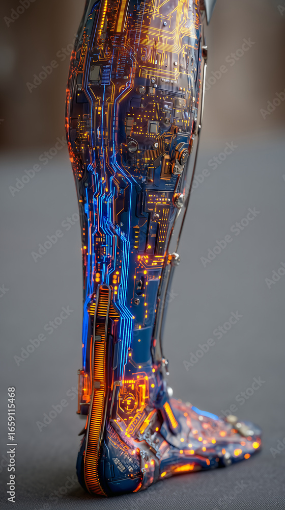 Poster a close up view of a robotic leg with intricate circuit board detailing