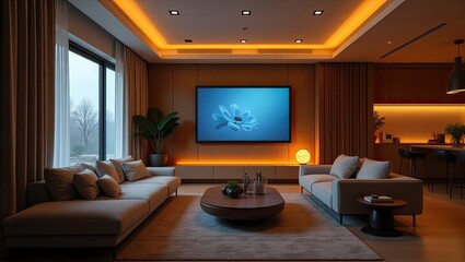 Stylish modern living room with warm lighting and comfortable seating.