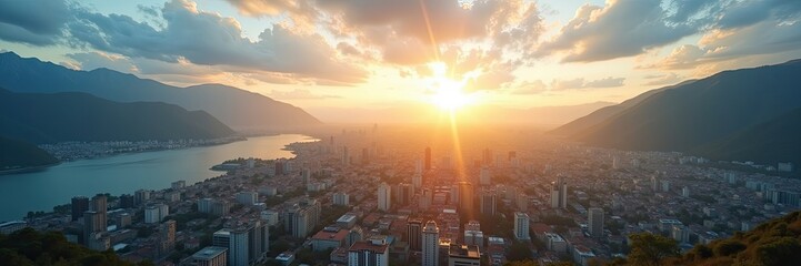 Fototapeta premium Cityscape panorama at sunset over a valley.