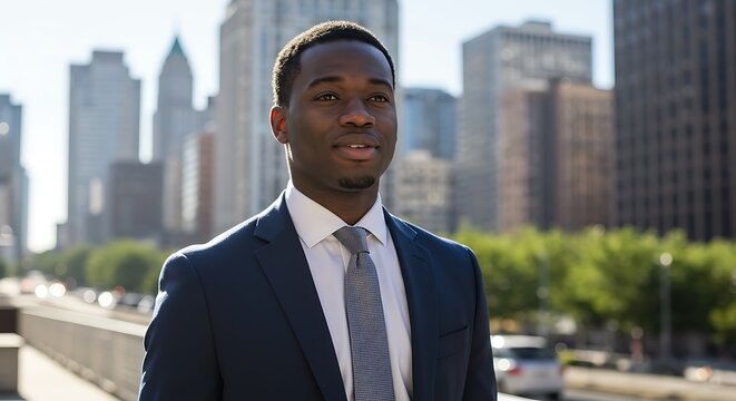 A successful african american businessman stands confidently in the city