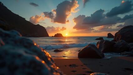 Dramatic sunrise over a rocky beach.