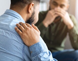 Hand of young supportive girls consoling his friend or one of attendants with post traumatic syndrome caused by dramatic life event