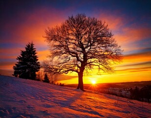 Majestic tree silhouetted against a vibrant winter sunset 