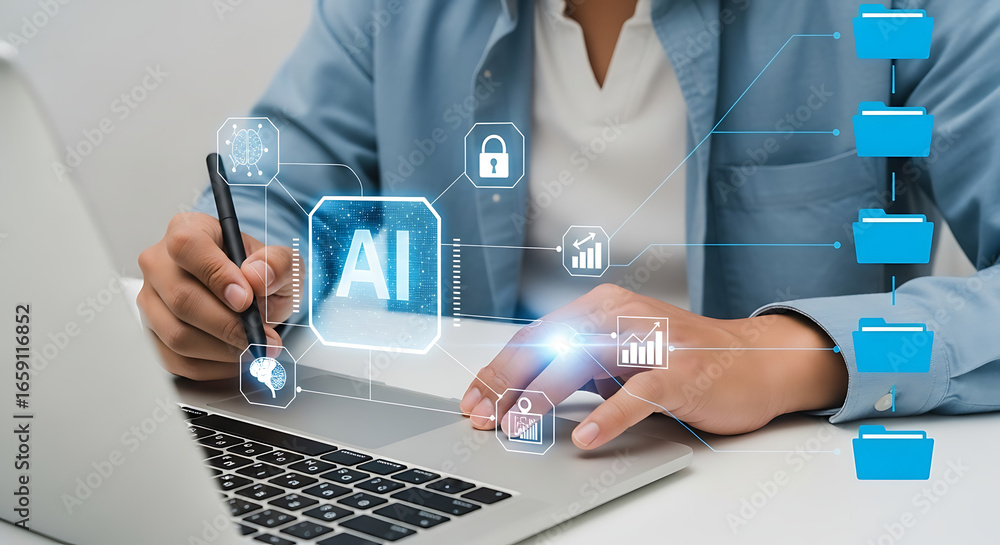 Poster person using laptop with ai interface overlay and icons connecting to folders and data analytics