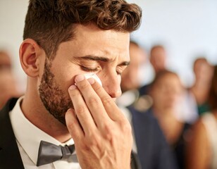 Man wiping tears with tissue, emotional moment, blurred background of people.