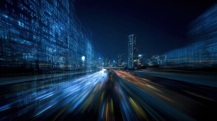 Long exposure photograph capturing a vibrant city street at night with illuminated buildings and moving vehicles creating light trails