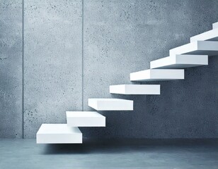 Modern floating white staircase against textured concrete wall