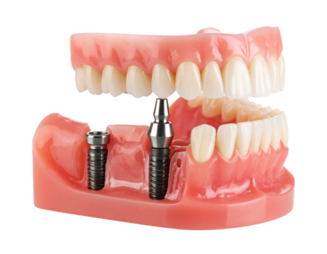 A 3D model of a dental implant on a jaw, showing a single crown replacing a missing tooth in the upper arch.