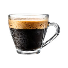 Glass mug filled with dark espresso coffee and crema isolated on transparent background
