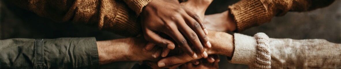 Fototapeta premium Authentic Diverse Team Hands Stacked in Unity Premium Social Cohesion Concept for Modern Corporate and Recruitment Marketing Campaigns