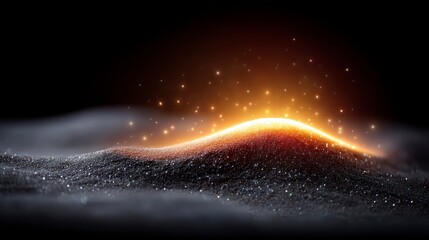 A glowing mound of dark granular material illuminated by bright light with scattered light particles rising