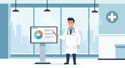 Fototapeta premium Medical Professional Analyzing Data on Presentation Screen in Clinic Setting