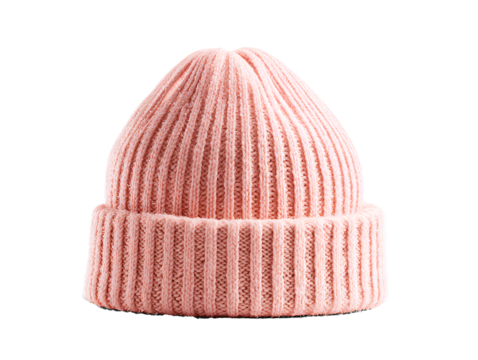 Peach Pink Knit Hat with Rolled Edge Contrast Cuff Isolated on White Background PNG