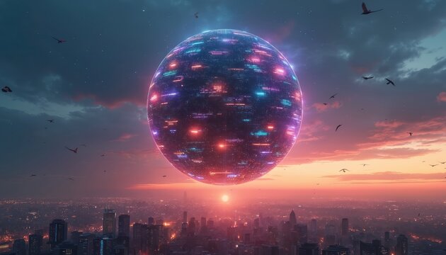 Futuristic sphere with vibrant data blocks hovers over sprawling cityscape at sunset. Glowing globe, neon lights, digital information, network connection, communication, innovation, progress,