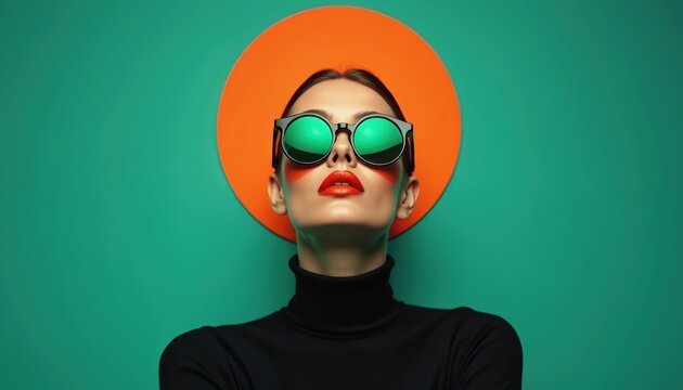 Stylish woman wears black turtleneck, bold makeup. Emerald green and orange face paint strokes, mirrored sunglasses. Orange circle background. Modern fashion portrait, beauty, glamour.