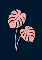 Modern minimalist abstract art of monstera. plant silhouette, pink, dark blue background