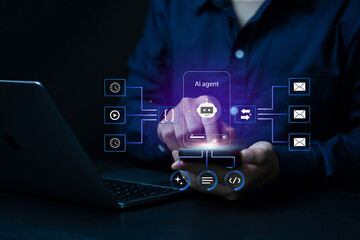 AI workflow automation artificial intelligence. ai agent network diagram connecting massage, web, description and automation system. machine learning, LLM. chatbots. 