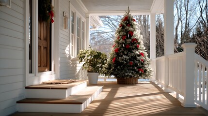 Festive Christmas Tree on Home Porch