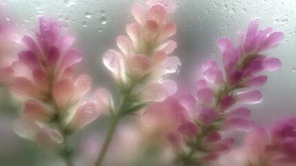 Delicate pink flowers, softly focused through a misty glass, exhibit a dreamy, ethereal quality.