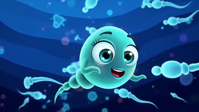 Animated Sperm Cell Character Swimming in a Blue Underwater Environment Detailed Cute Cartoon Style Animation With Expressive Eyes Bubbles and Vibrant Colors Perfect For Educational Content