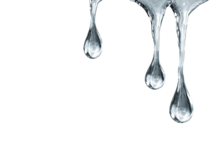 Three clear, glistening drops of liquid cascading downwards against a stark black background.  The drops are perfectly formed, with smooth surfaces reflecting light