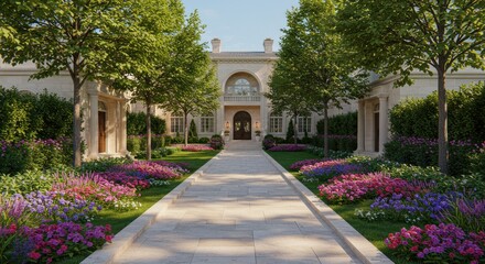 A grand, sun-drenched mansion is approached via a stone path flanked by vibrant flower beds and symmetrical trees. The entrance boasts a balcony