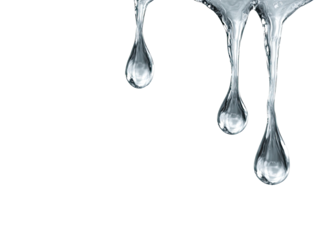Three clear, glistening drops of liquid cascading downwards against a stark black background.  The drops are perfectly formed, with smooth surfaces reflecting light