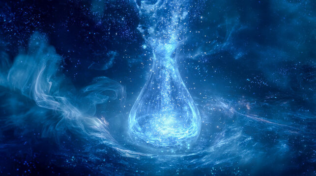 Celestial vessel with water pouring out star streams, cosmic symbol of Aquarius in space