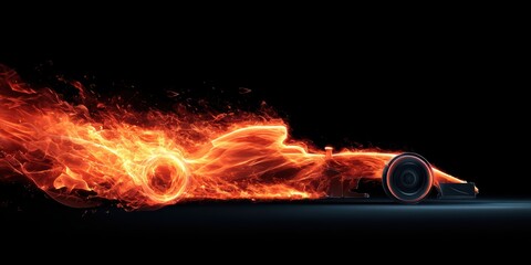 A racing car is enveloped in a fiery aura, showcasing vibrant flames and a dynamic composition.