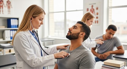 Obraz premium A female doctor examining a male patient in a medical office.
