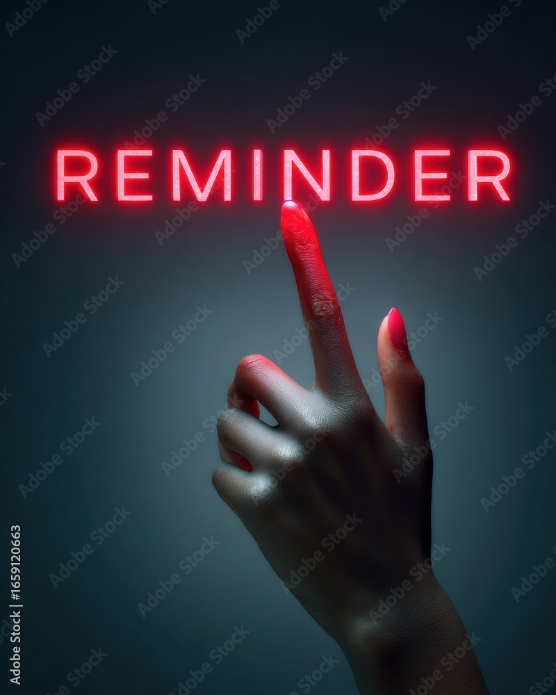 Poster professional modern reminder concept with hand pointing at illuminated text authentic high-quality b