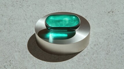 Stylish green soap bar on metallic holder with soft shadows and textured surface, showcasing modern...
