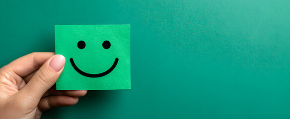 Obraz premium Hand holding green paper cut happy smile face on green background , positive thinking, mental health assessment , world mental health day concept