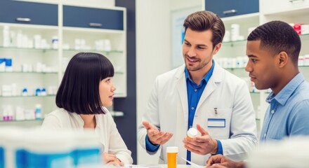 A pharmacist and a customer discussing medication in a pharmacy.