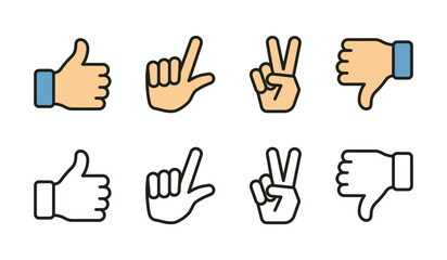 Hand gesture collection of thumbs up dislike love and peace sign flat outline icon