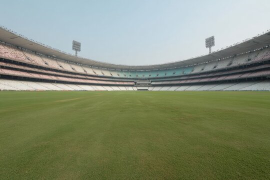 Premium Expansive Cricket Stadium with Green Pitch and Multi-tier Seating Modern Sports Venue Ready for Competition, Marketing, and Social Media Use