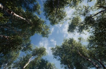 Looking Up at a Clear Blue Sky Through Tall Green Trees with Bright Sunlight Filtering