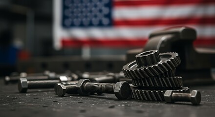 Naklejka premium Metal gears resting on workbench in machine shop near american flag, symbolizing precision and industrial strength in a patriotic setting.