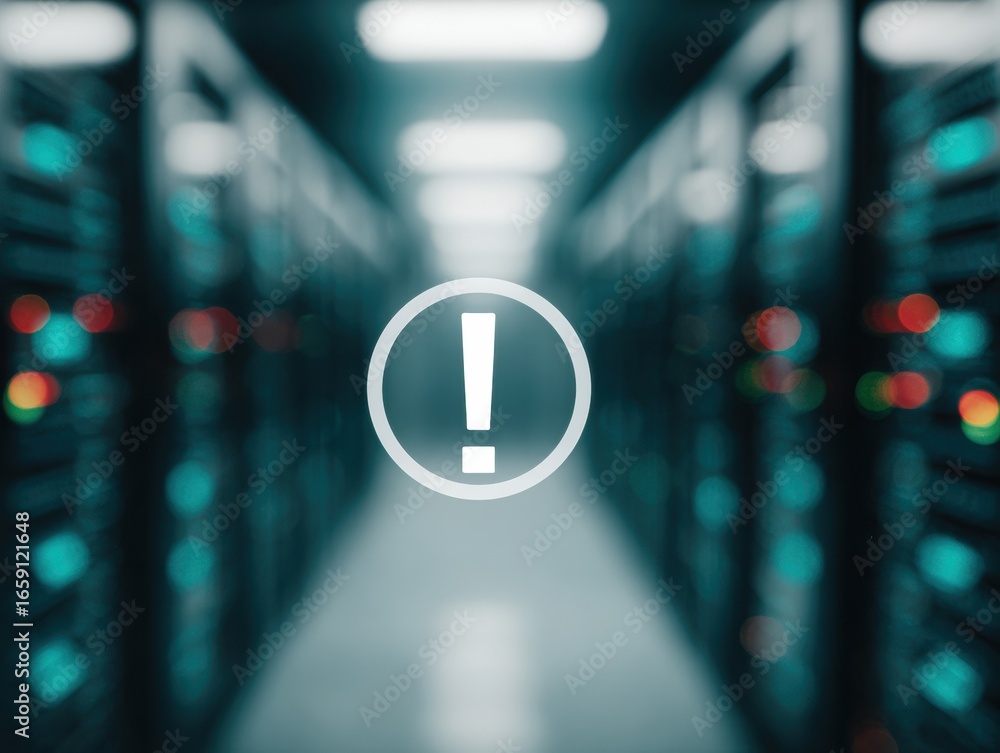 Poster professional server issue warning icon in modern data center for high-quality cybersecurity and it o