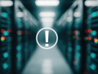 Professional Server Issue Warning Icon in Modern Data Center for High-Quality Cybersecurity and IT Outage Prevention Campaigns in Tech Marketing