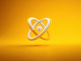 Obraz premium A bright, vibrant, 3D model of an atom, with yellow and white intersecting rings, against a vibrant orange backdrop.