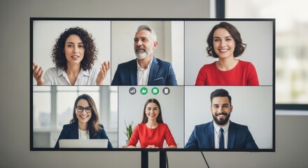 A group of six business professionals in a video conference call.