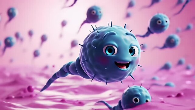 Animated Spermatozoa Cells Swim Dynamically in a Pink Fluid Environment, Cartoon Faces Add to the Fun Vibe, Suitable for Explaining Fertilization and Reproductive Health with Pastel Colors