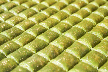 Delicious pistachios baklava in a shop 